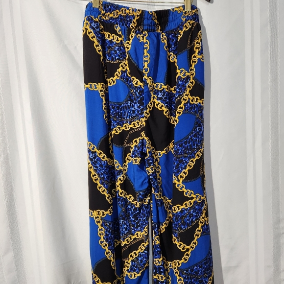 NEW LOOK BLUE/GOLD CHAIN SPLIT HEM HIGH WAIST TROUSERS SIZE LARGE - Picture 9 of 16